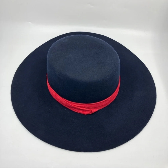 Anthropologie Wool Navy Blue Boater Wide Rim Floppy Hat Festival Boho - Picture 5 of 12